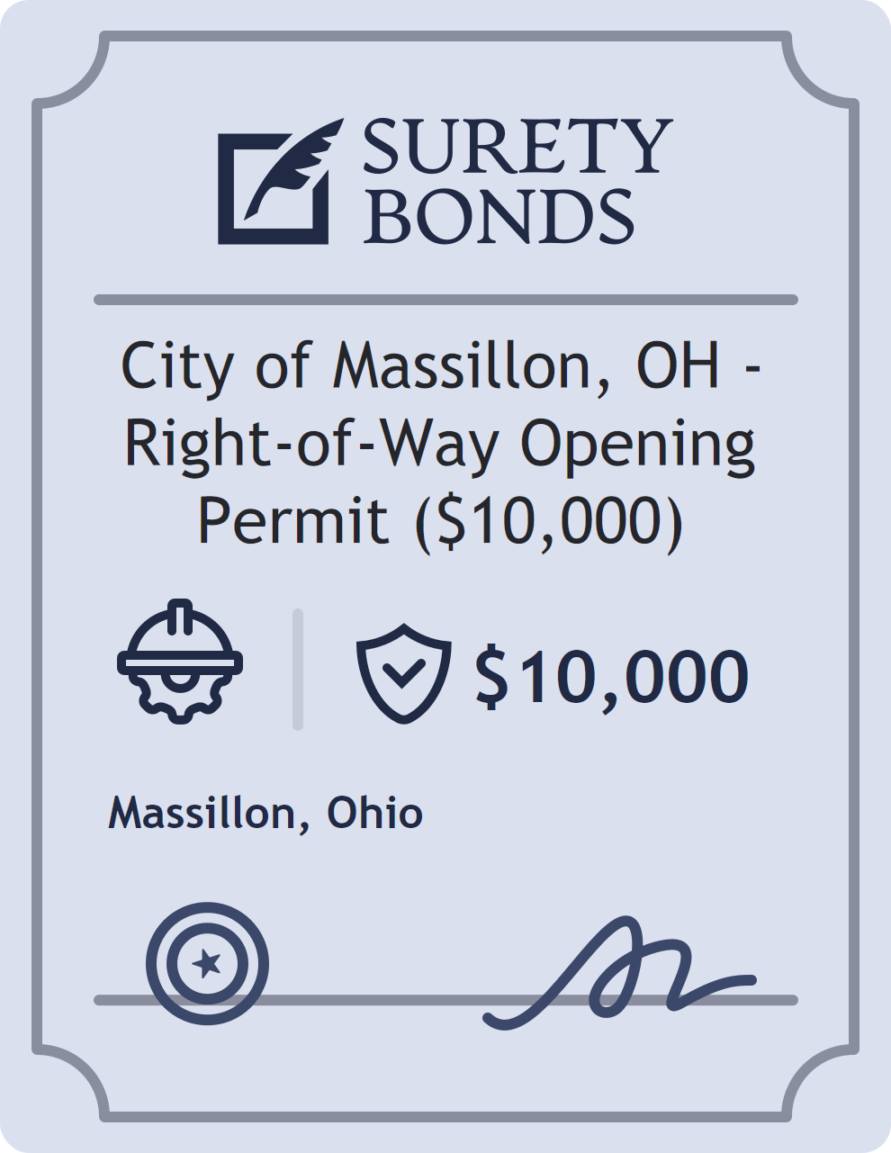 Surety bond badge for City of Massillon, OH - Right-of-Way Opening Permit ($10,000)