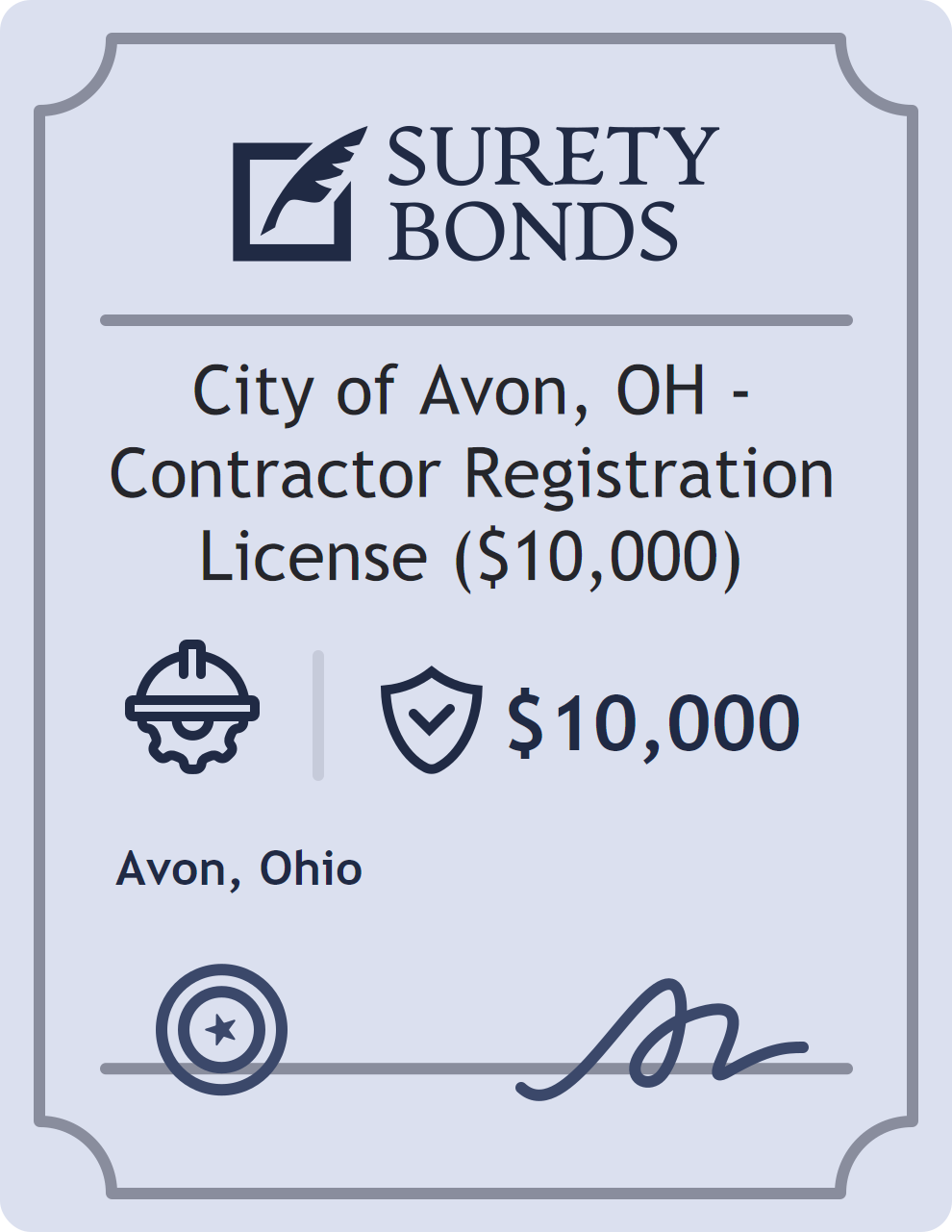 Surety bond badge for City of Avon, OH - Contractor Registration License ($10,000)