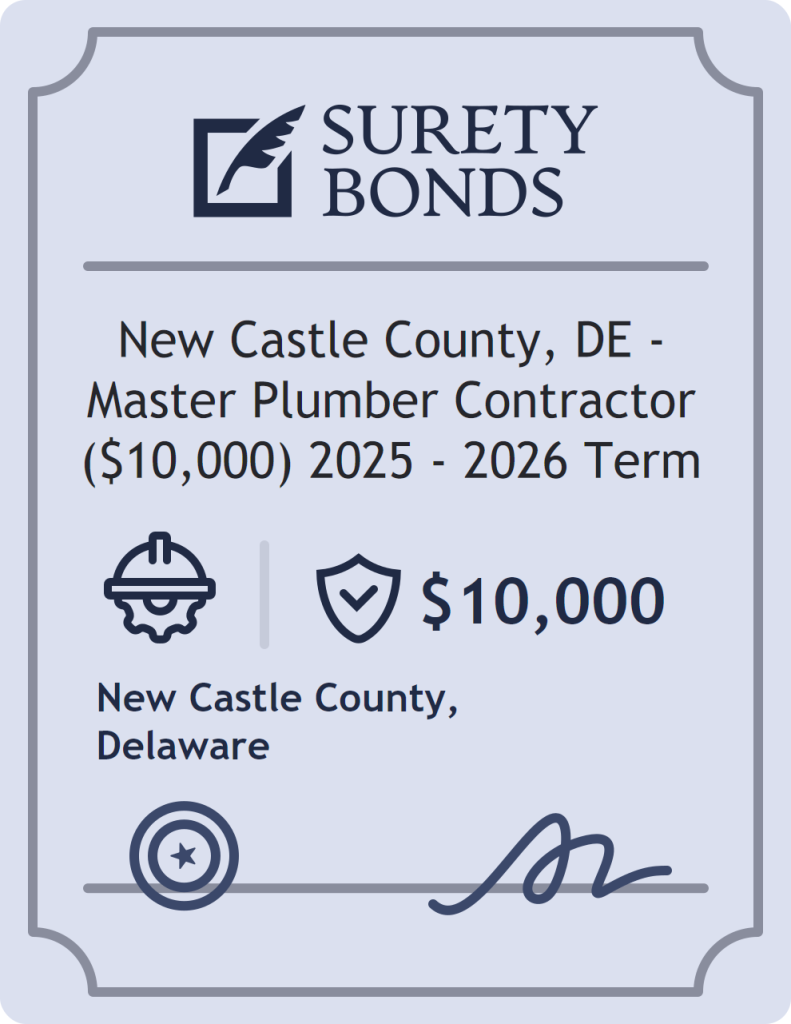 Surety bond badge for New Castle County, DE - Master Plumber Contractor ($10,000) 2025 - 2026 Term