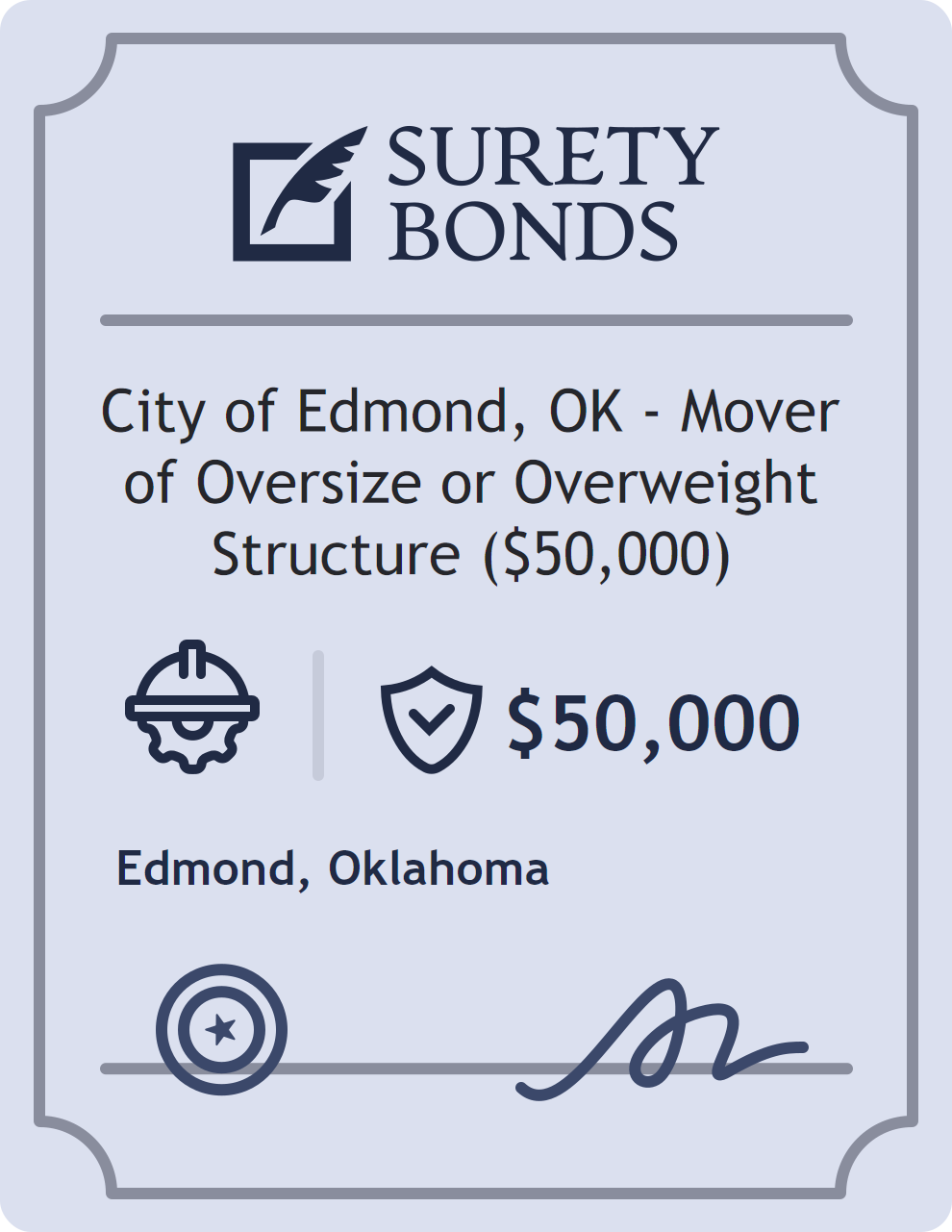Surety bond badge for City of Edmond, OK - Mover of Oversize or Overweight Structure ($50,000)