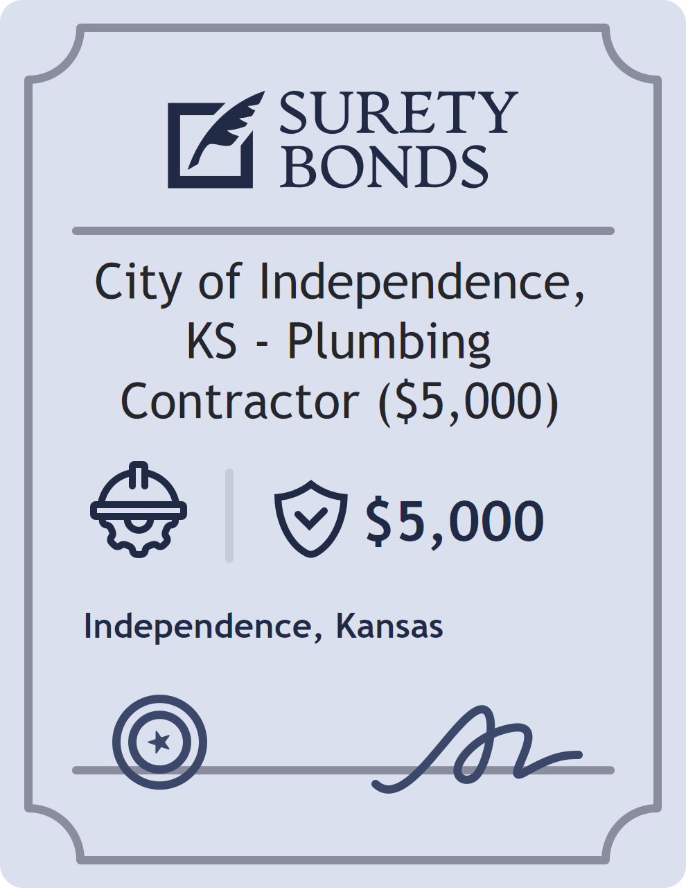Surety bond badge for City of Independence, KS - Plumbing Contractor ($5,000)