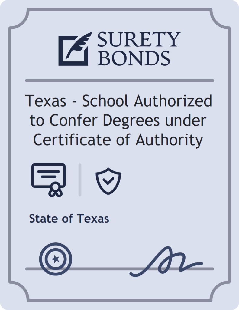 Surety bond badge for Texas - School Authorized to Confer Degrees under Certificate of Authority