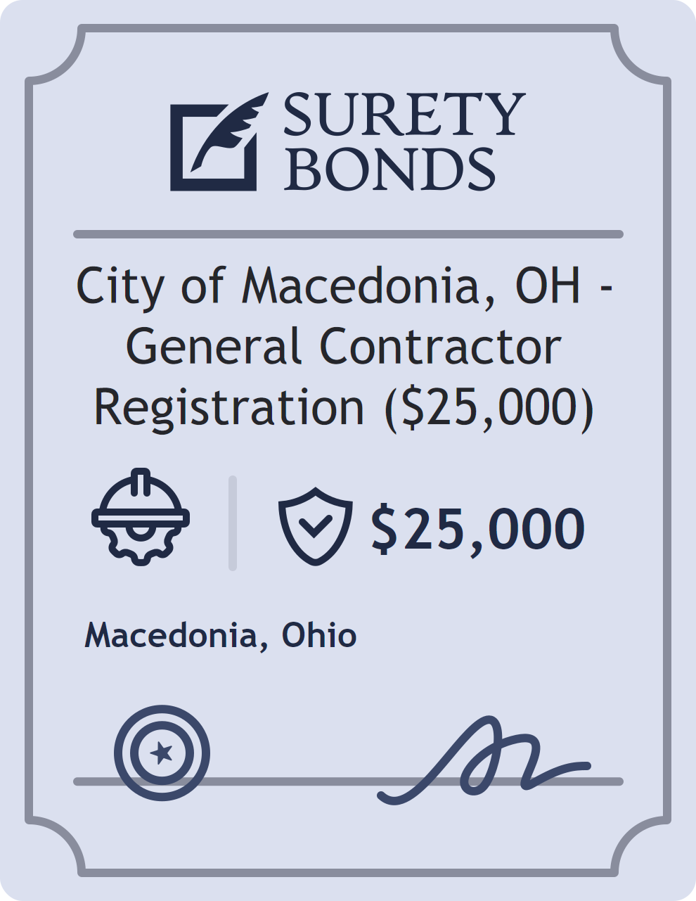 Surety bond badge for City of Macedonia, OH - General Contractor Registration ($25,000)