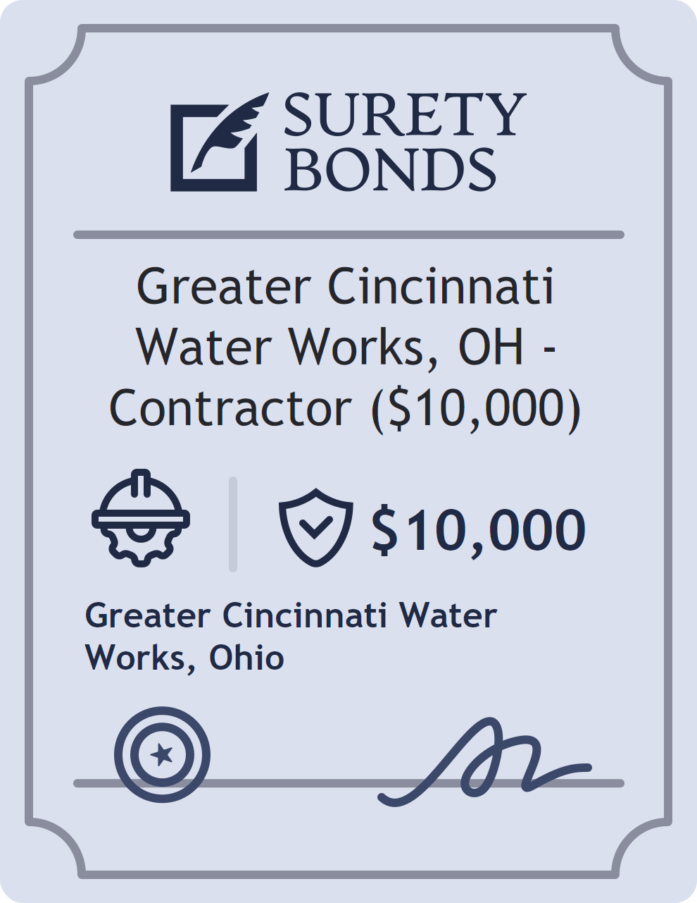 Surety bond badge for Greater Cincinnati Water Works, OH - Contractor ($10,000)