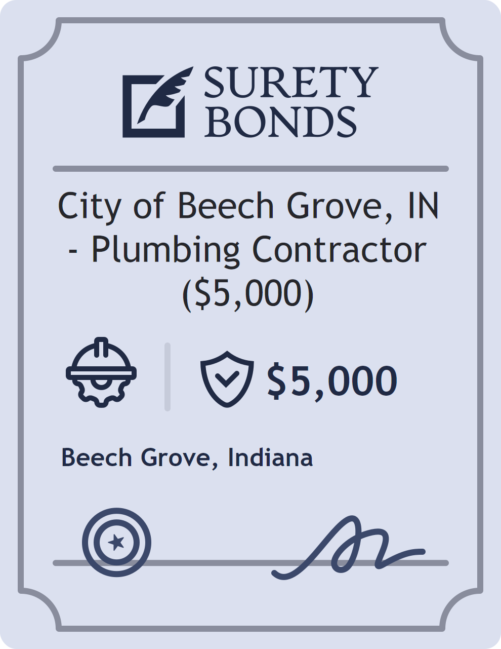 Surety bond badge for City of Beech Grove, IN - Plumbing Contractor ($5,000)