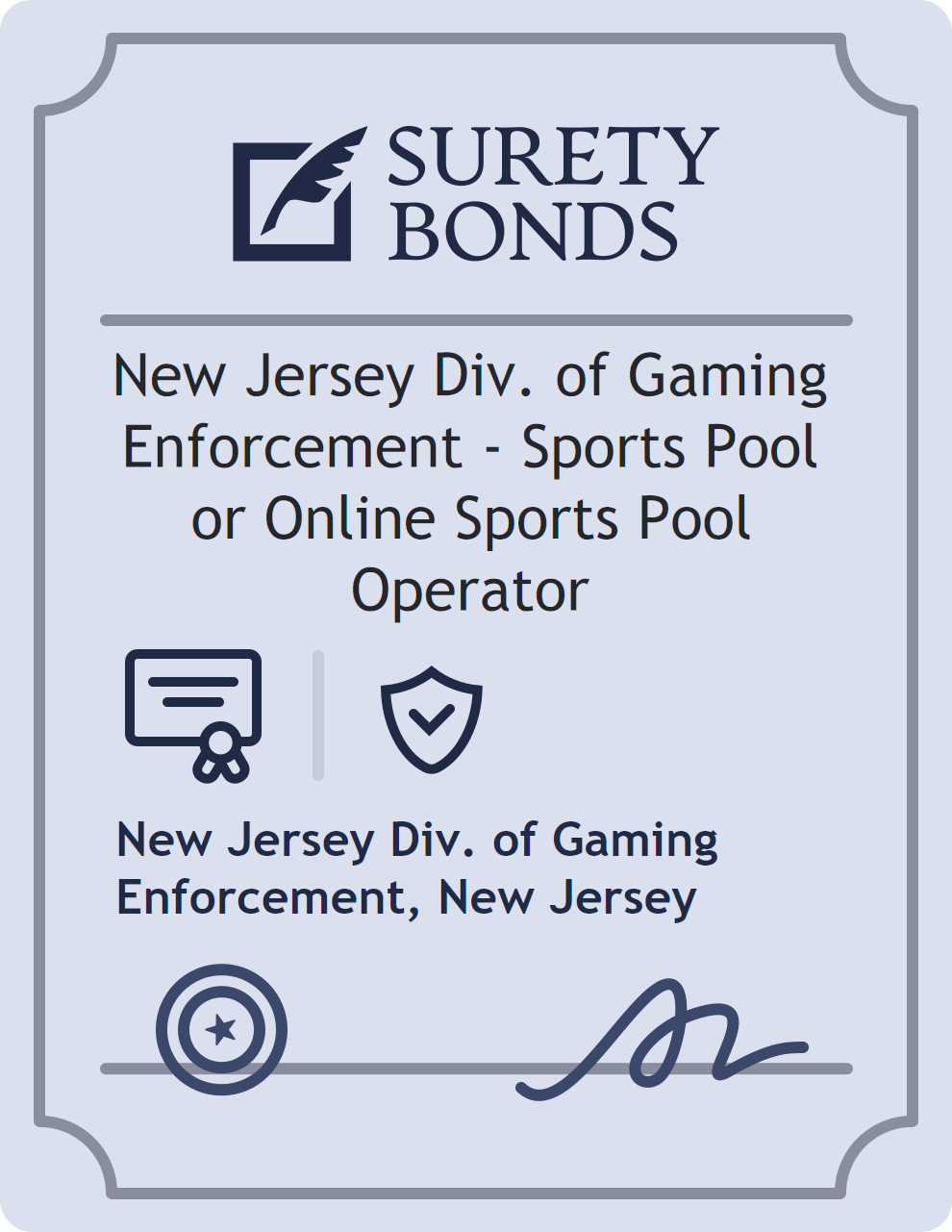 Surety bond badge for New Jersey Div. of Gaming Enforcement - Sports Pool or Online Sports Pool Operator