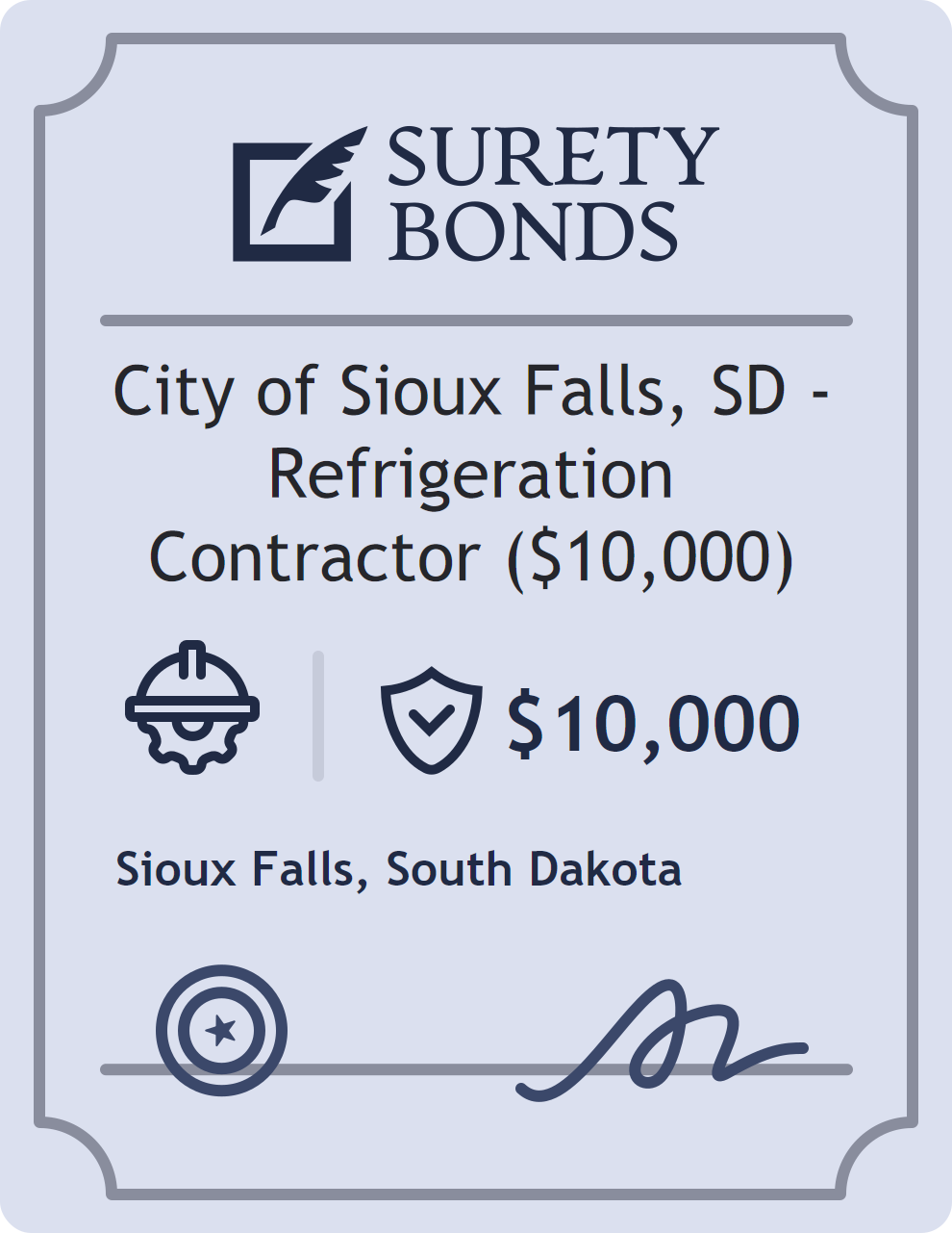 Surety bond badge for City of Sioux Falls, SD - Refrigeration Contractor ($10,000)
