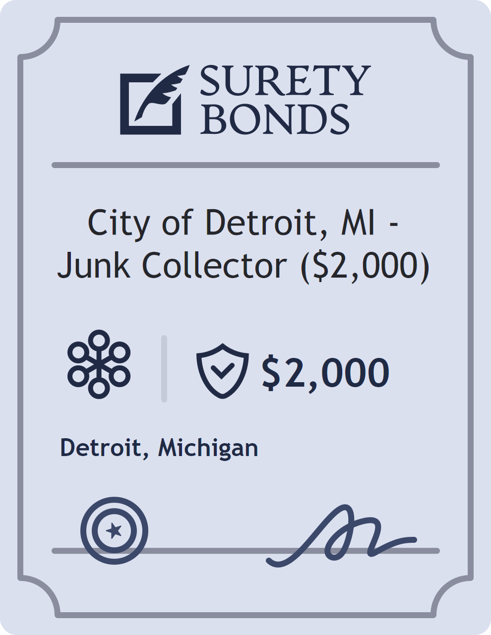 Surety bond badge for City of Detroit, MI - Junk Collector ($2,000)
