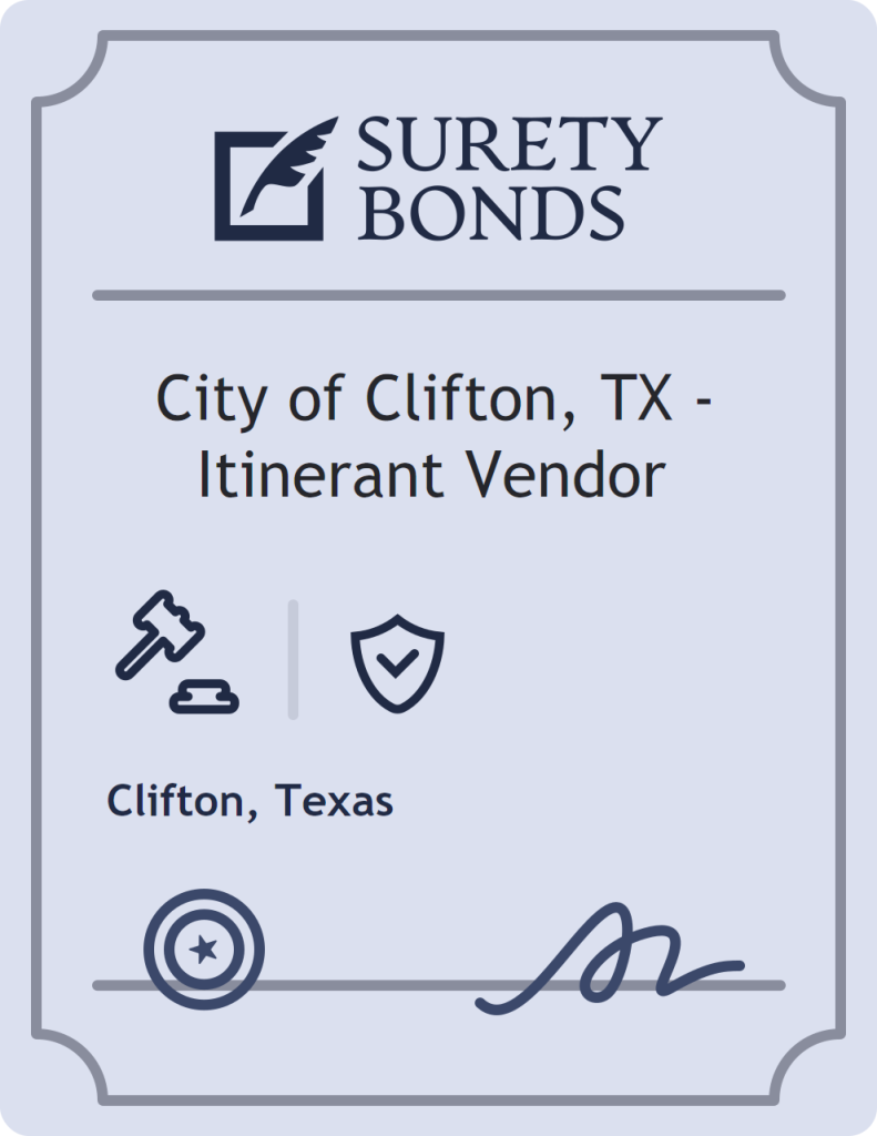 Surety bond badge for City of Clifton, TX - Itinerant Vendor