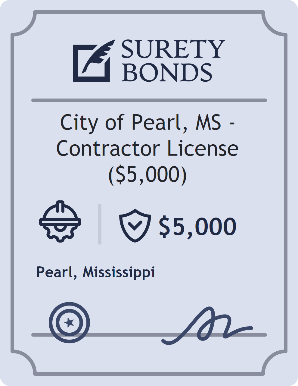 Surety bond badge for City of Pearl, MS - Contractor License ($5,000)