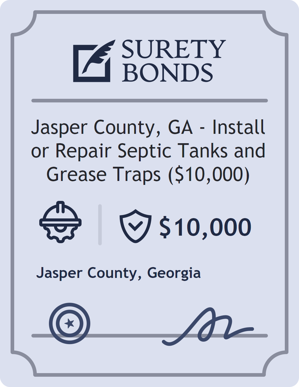 Surety bond badge for Jasper County, GA - Install or Repair Septic Tanks and Grease Traps ($10,000)