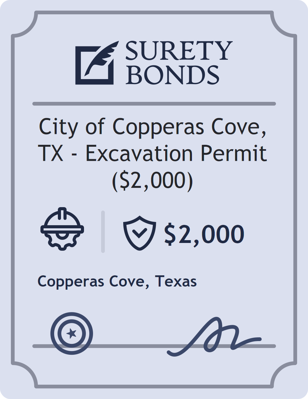 Surety bond badge for City of Copperas Cove, TX - Excavation Permit ($2,000)