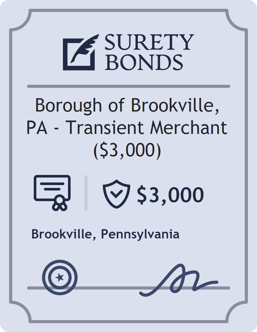 Surety bond badge for Borough of Brookville, PA - Transient Merchant ($3,000)