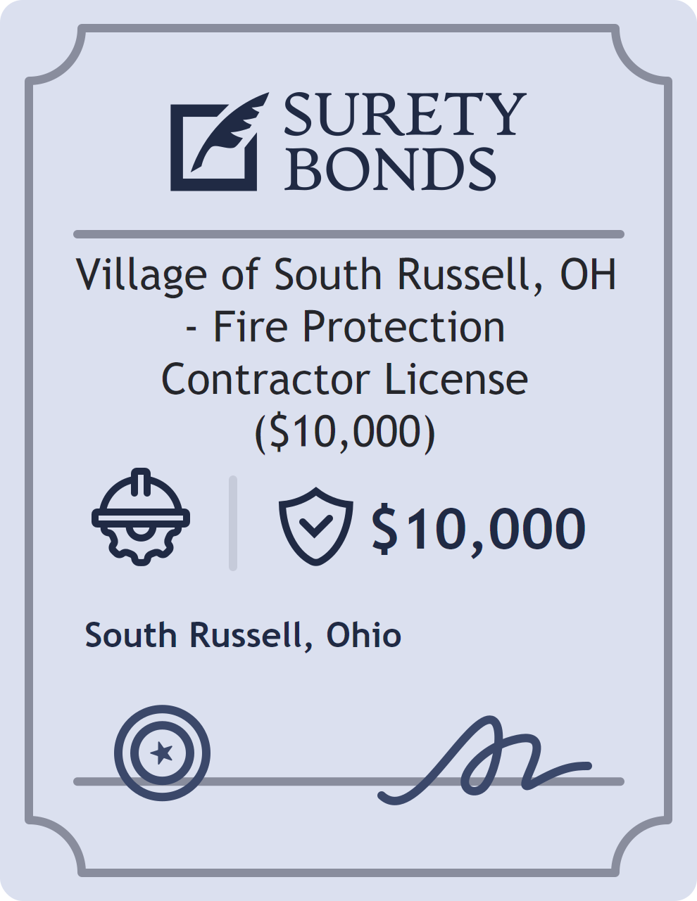 Surety bond badge for Village of South Russell, OH - Fire Protection Contractor License ($10,000)
