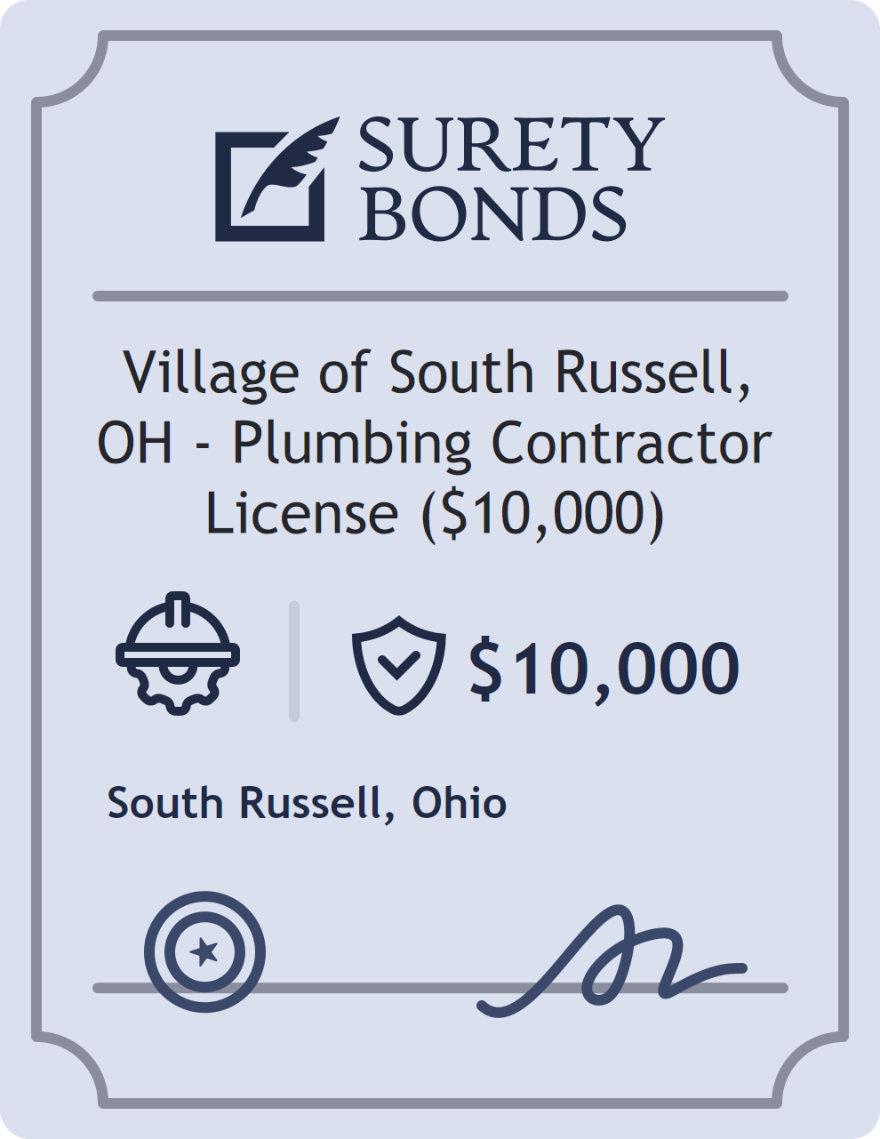 Surety bond badge for Village of South Russell, OH - Plumbing Contractor License ($10,000)