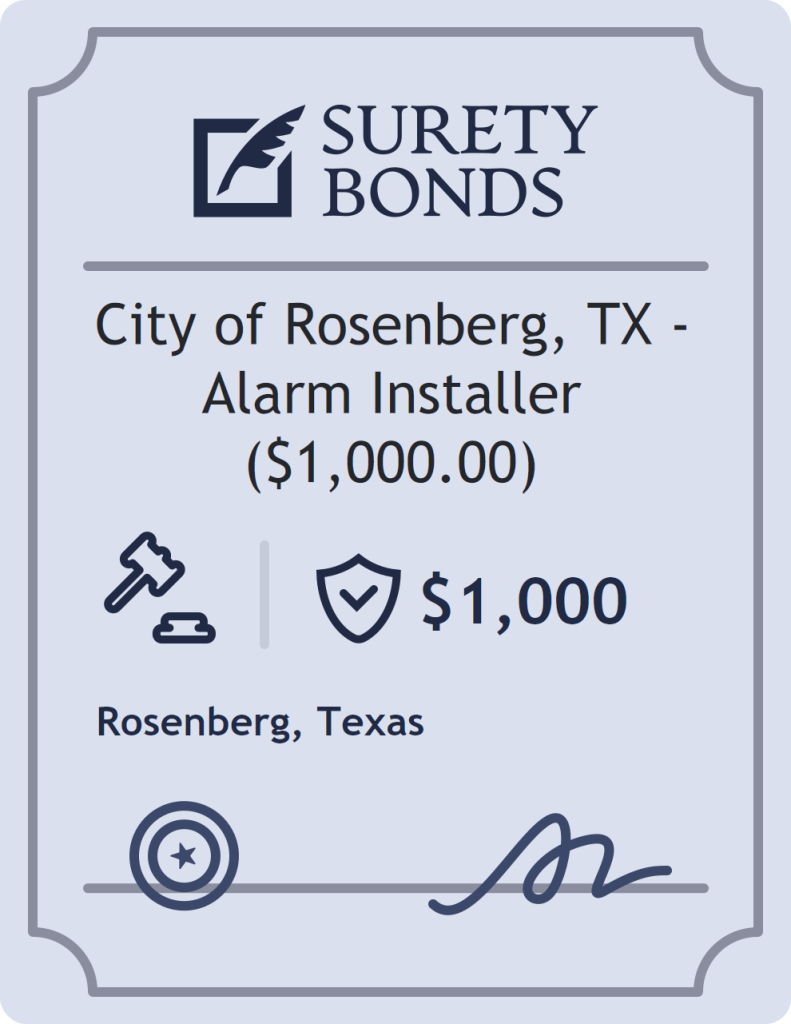 Surety bond badge for City of Rosenberg, TX - Alarm Installer ($1,000.00)