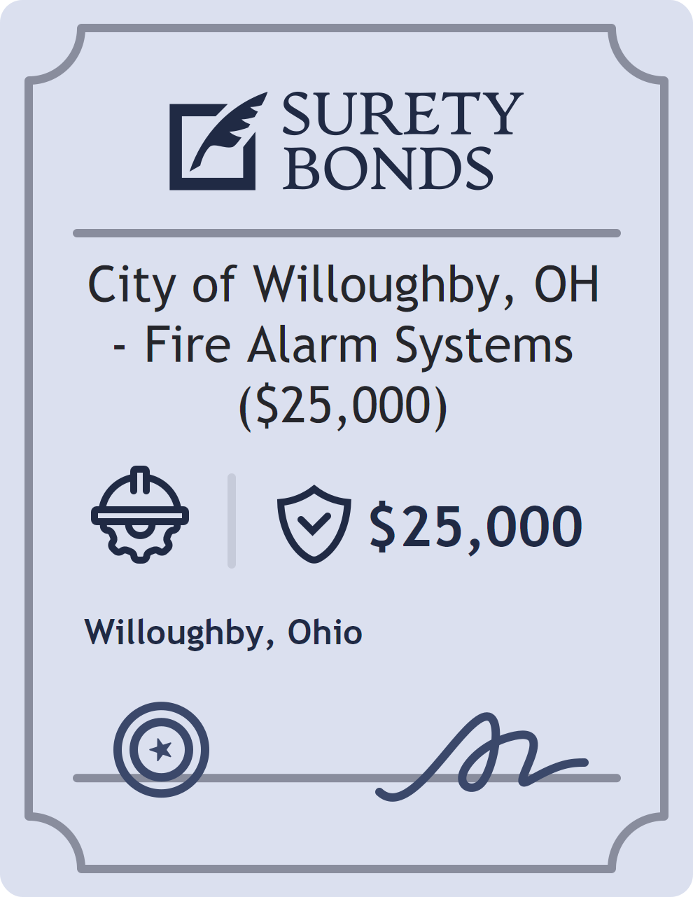 Surety bond badge for City of Willoughby, OH - Fire Alarm Systems ($25,000)