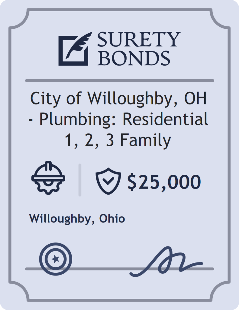 Surety bond badge for City of Willoughby, OH - Plumbing: Residential 1, 2, 3 Family