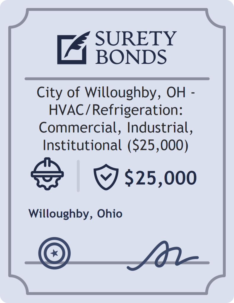 Surety bond badge for City of Willoughby, OH - HVAC/Refrigeration: Commercial, Industrial, Institutional ($25,000)
