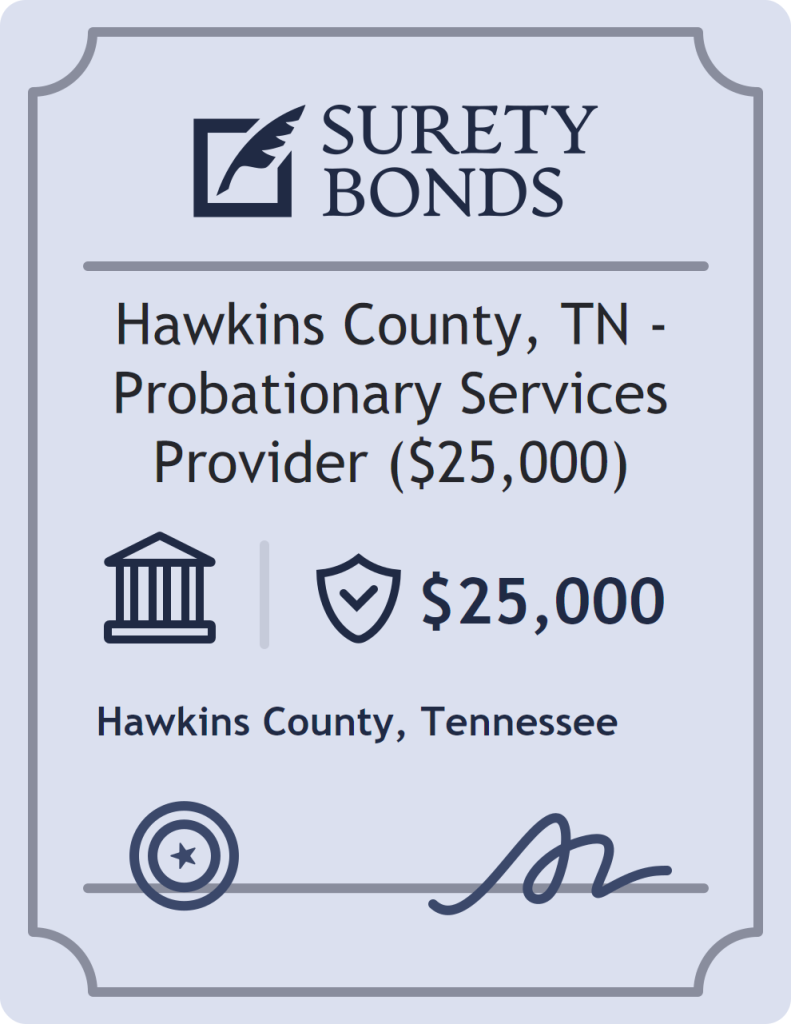 Surety bond badge for Hawkins County, TN - Probationary Services Provider ($25,000)