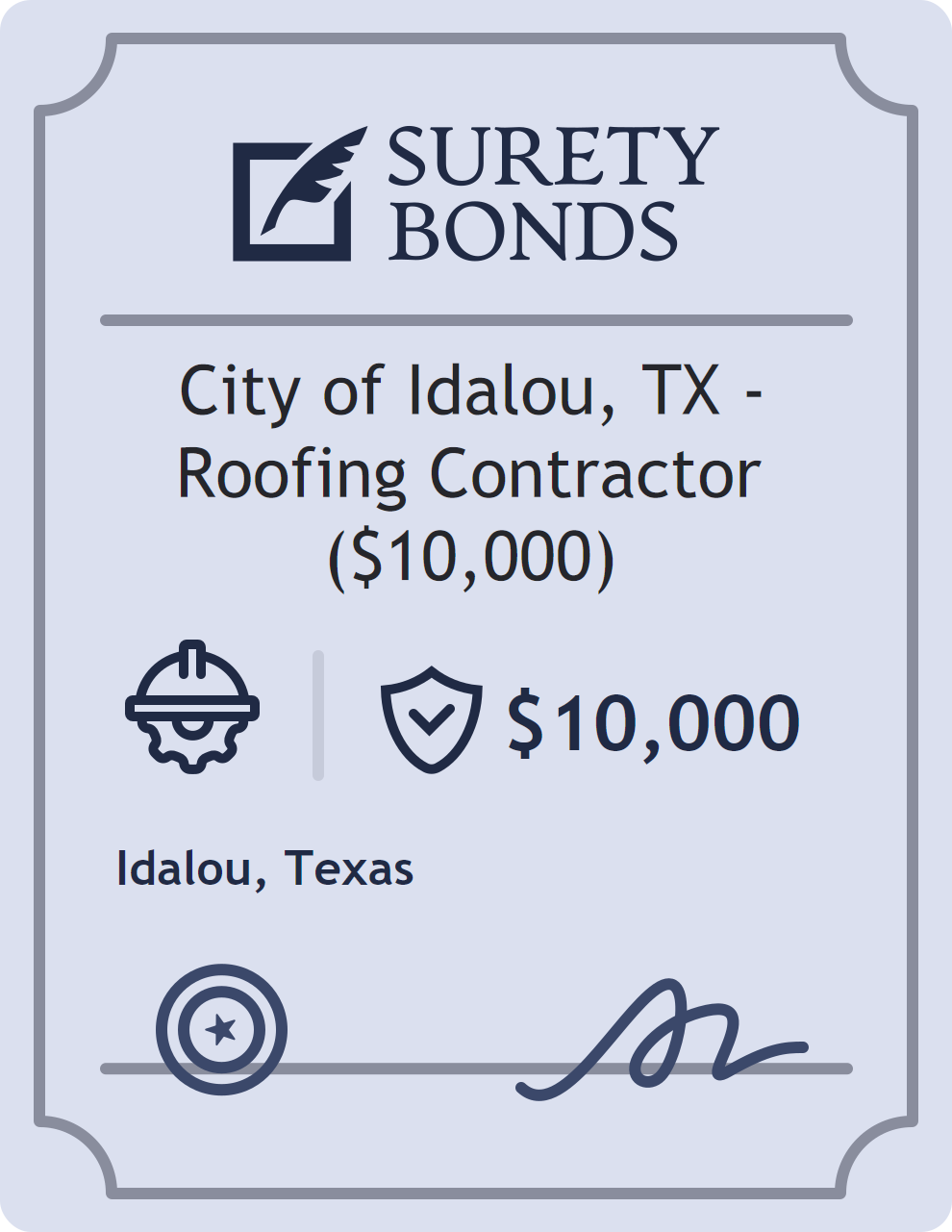 Surety bond badge for City of Idalou, TX - Roofing Contractor ($10,000)