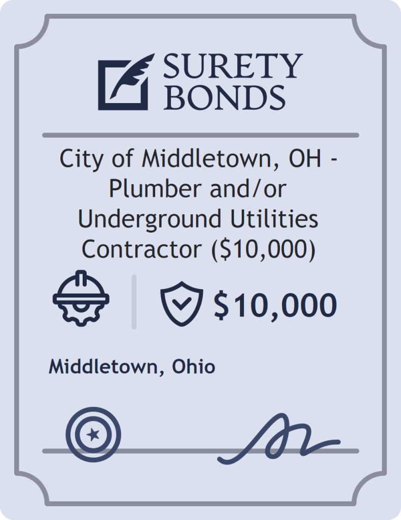 Surety bond badge for City of Middletown, OH - Plumber and/or Underground Utilities Contractor ($10,000)
