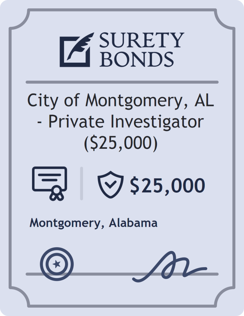 Surety bond badge for City of Montgomery, AL - Private Investigator ($25,000)