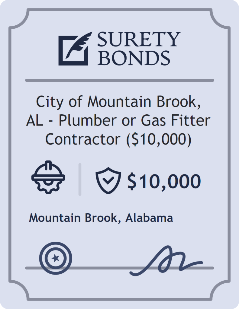 Surety bond badge for City of Mountain Brook, AL - Plumber or Gas Fitter Contractor ($10,000)