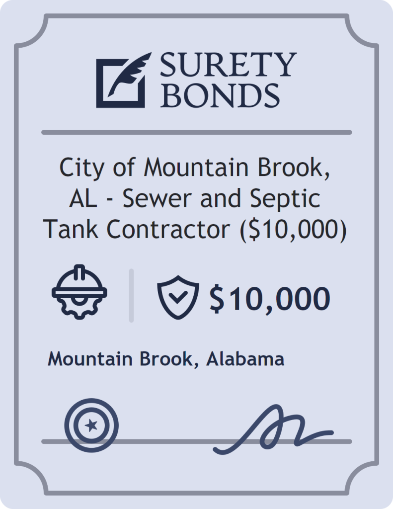 Surety bond badge for City of Mountain Brook, AL - Sewer and Septic Tank Contractor ($10,000)