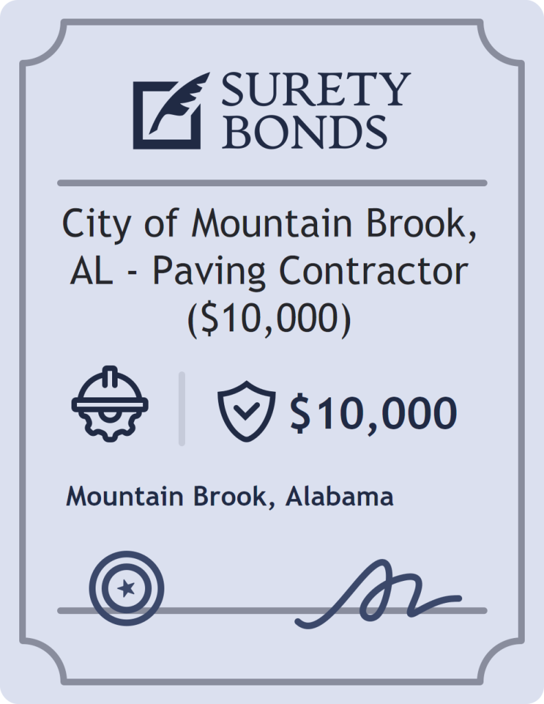 Surety bond badge for City of Mountain Brook, AL - Paving Contractor ($10,000)