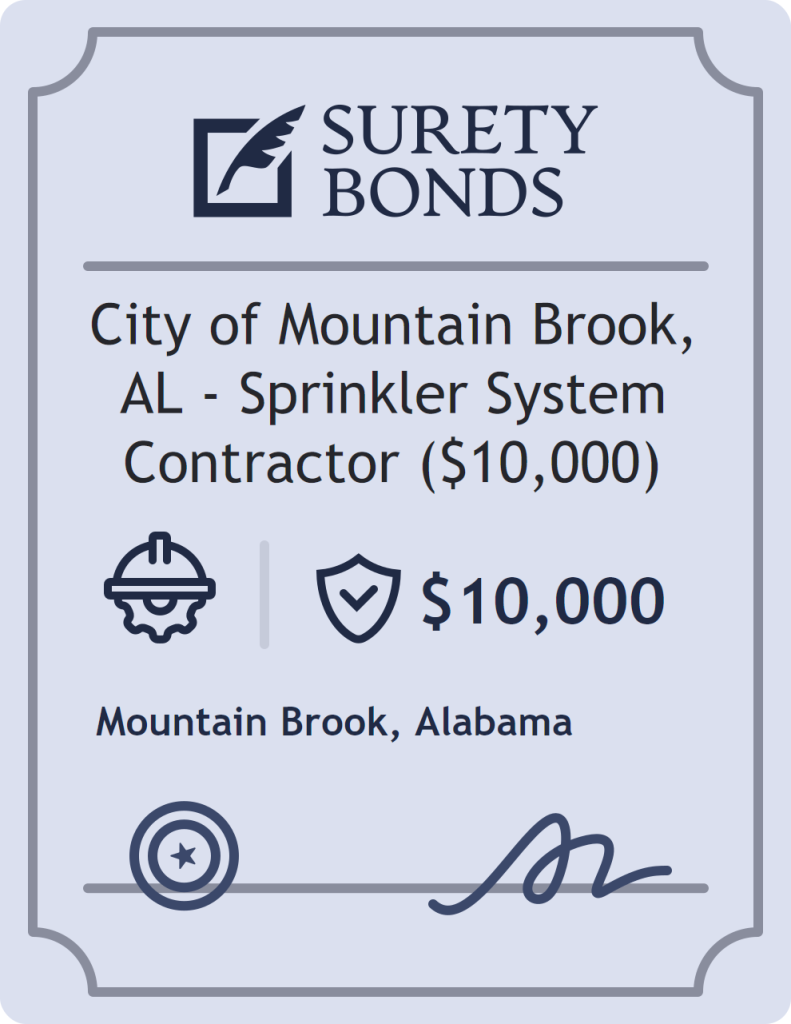 Surety bond badge for City of Mountain Brook, AL - Sprinkler System Contractor ($10,000)