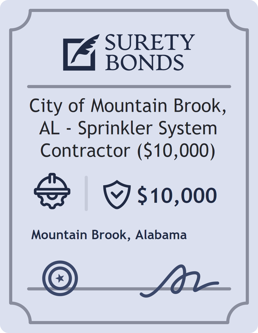 Surety bond badge for City of Mountain Brook, AL - Sprinkler System Contractor ($10,000)