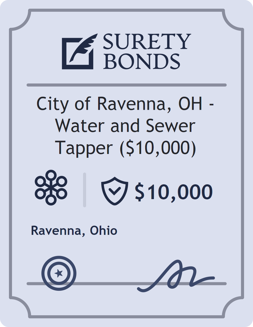 Surety bond badge for City of Ravenna, OH - Water and Sewer Tapper ($10,000)