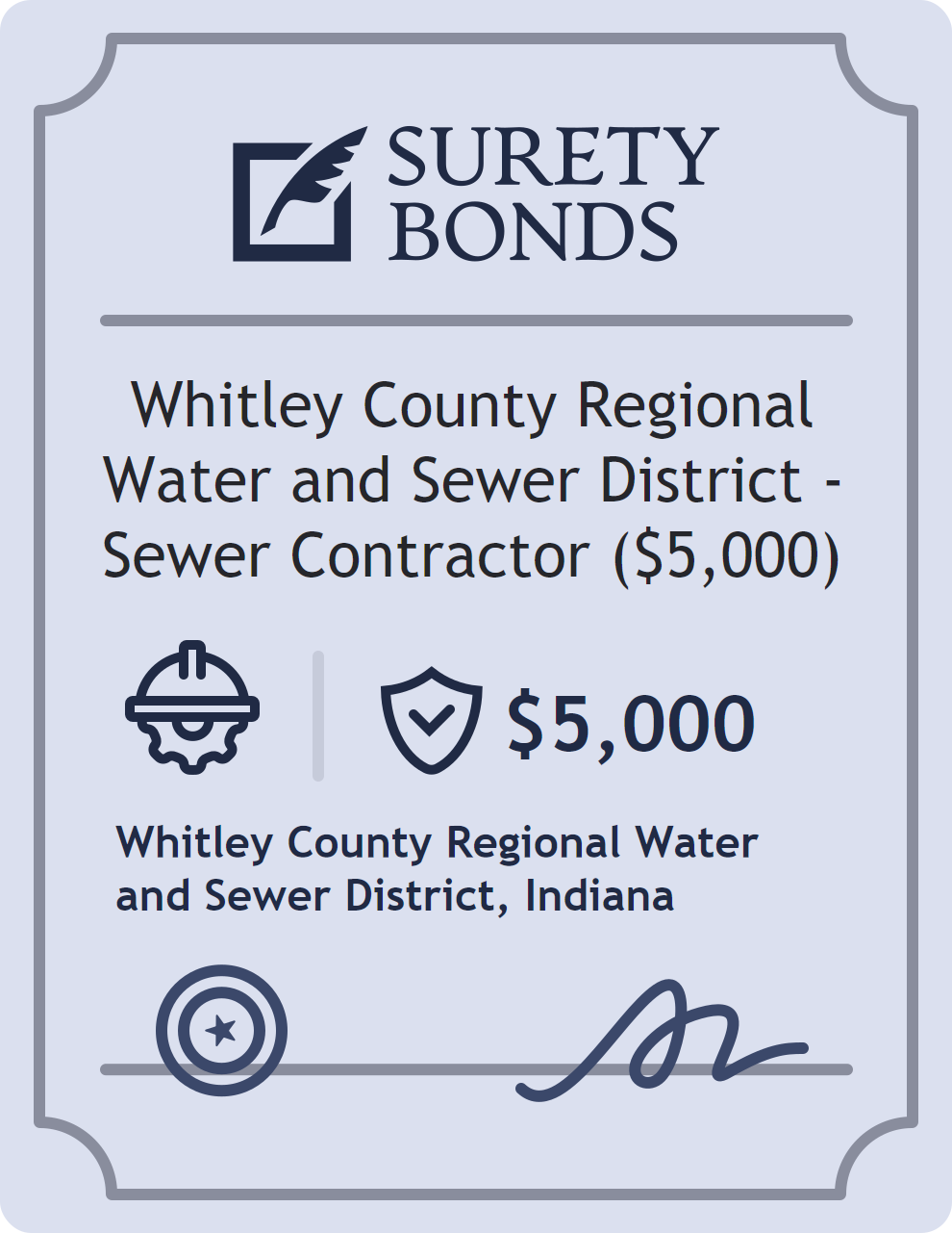 Surety bond badge for Whitley County Regional Water and Sewer District - Sewer Contractor ($5,000)
