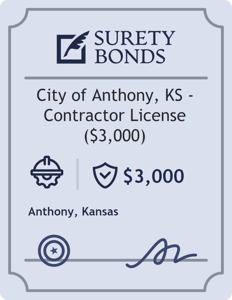 Surety bond badge for City of Anthony, KS - Contractor License ($3,000)