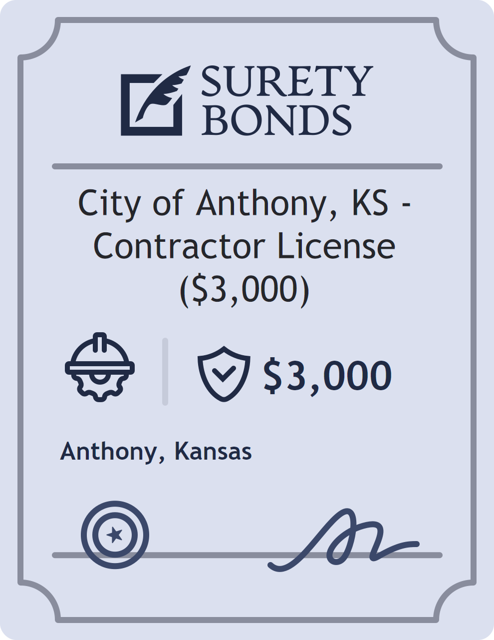 Surety bond badge for City of Anthony, KS - Contractor License ($3,000)