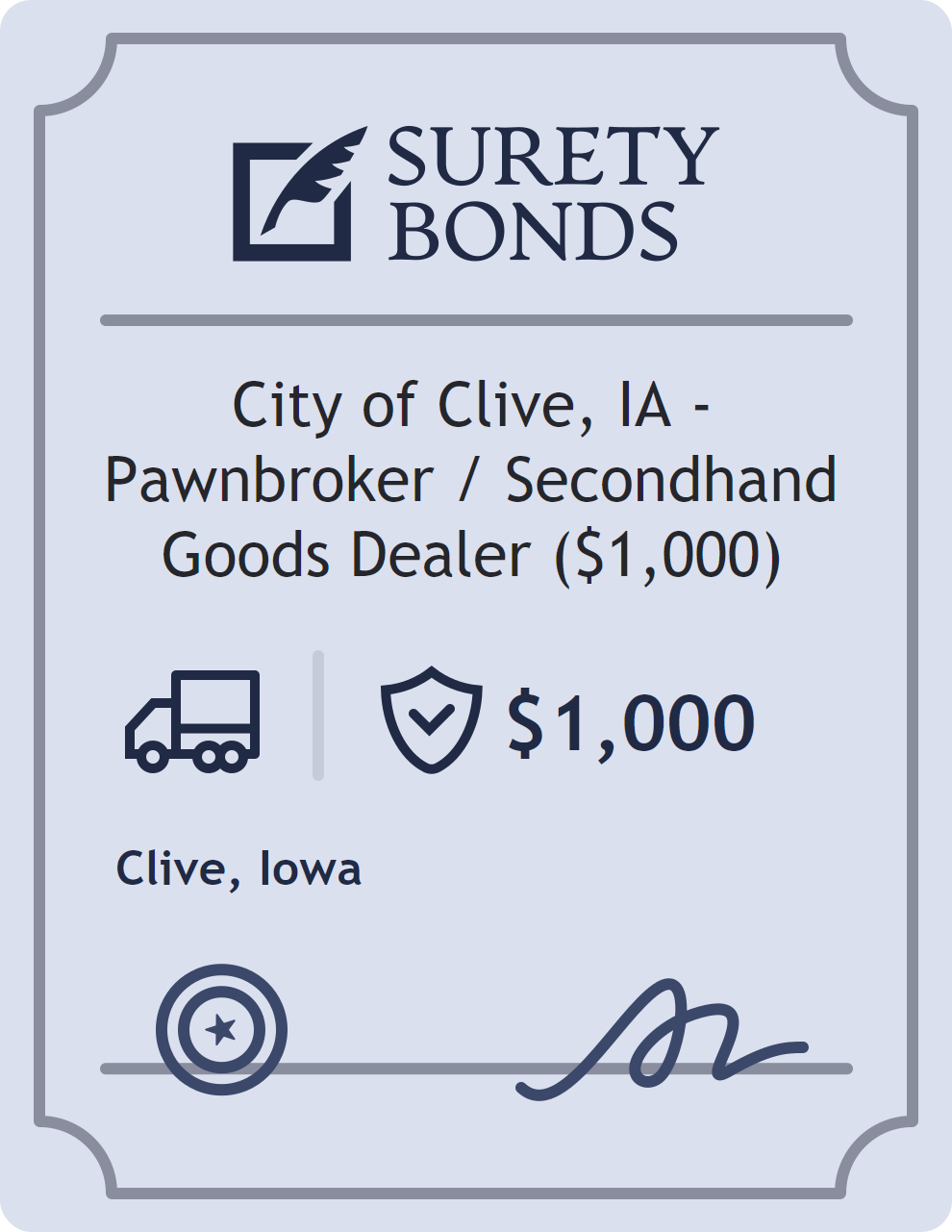 Surety bond badge for City of Clive, IA - Pawnbroker / Secondhand Goods Dealer ($1,000)