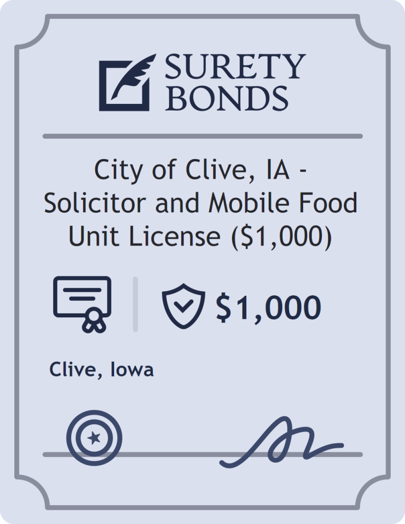 Surety bond badge for City of Clive, IA - Solicitor and Mobile Food Unit License ($1,000)