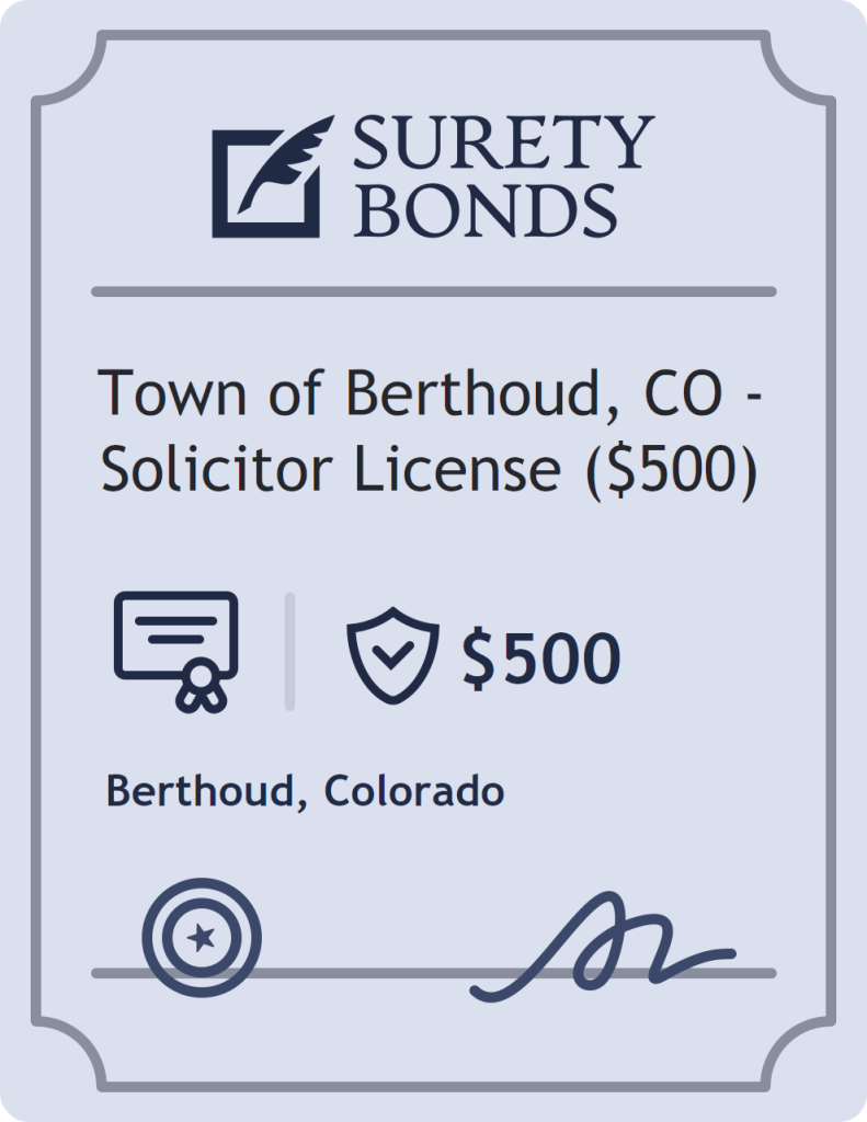 Surety bond badge for Town of Berthoud, CO - Solicitor License ($500)