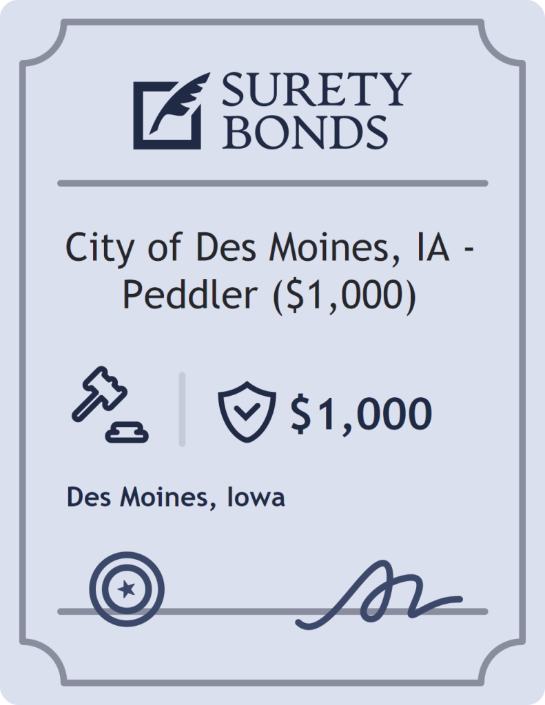 Surety bond badge for City of Des Moines, IA - Peddler ($1,000)