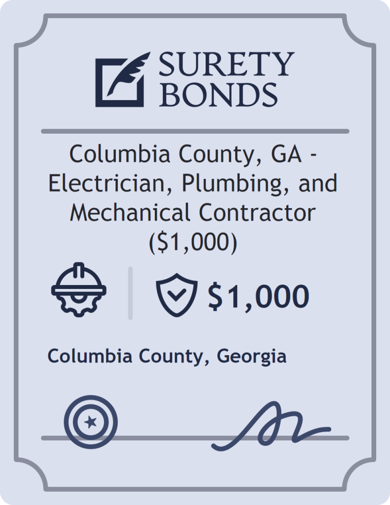 Surety bond badge for Columbia County, GA - Electrician, Plumbing, and Mechanical Contractor ($1,000)