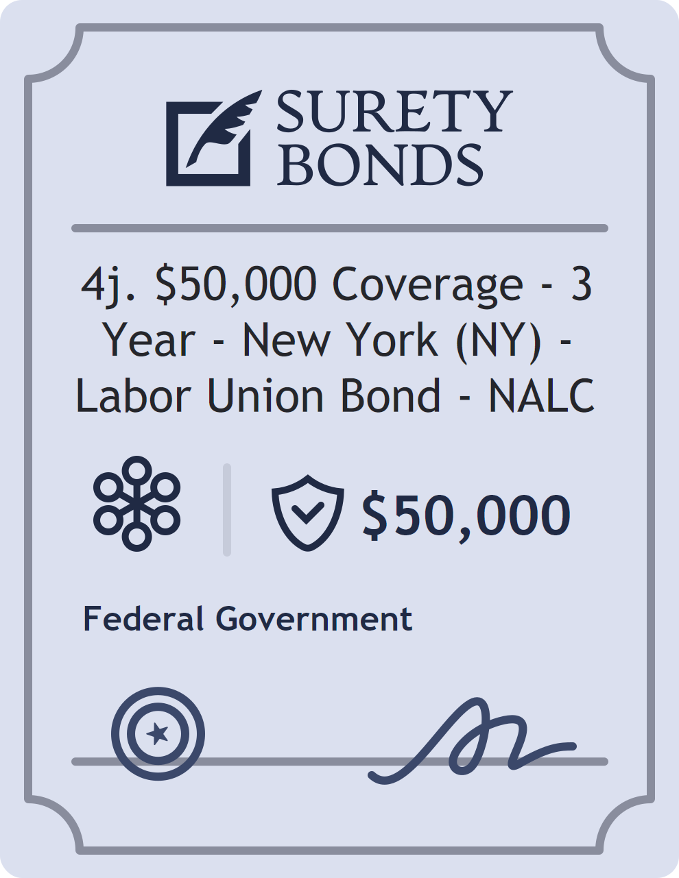 Surety bond badge for 4j. $50,000 Coverage - 3 Year - New York (NY) - Labor Union Bond - NALC