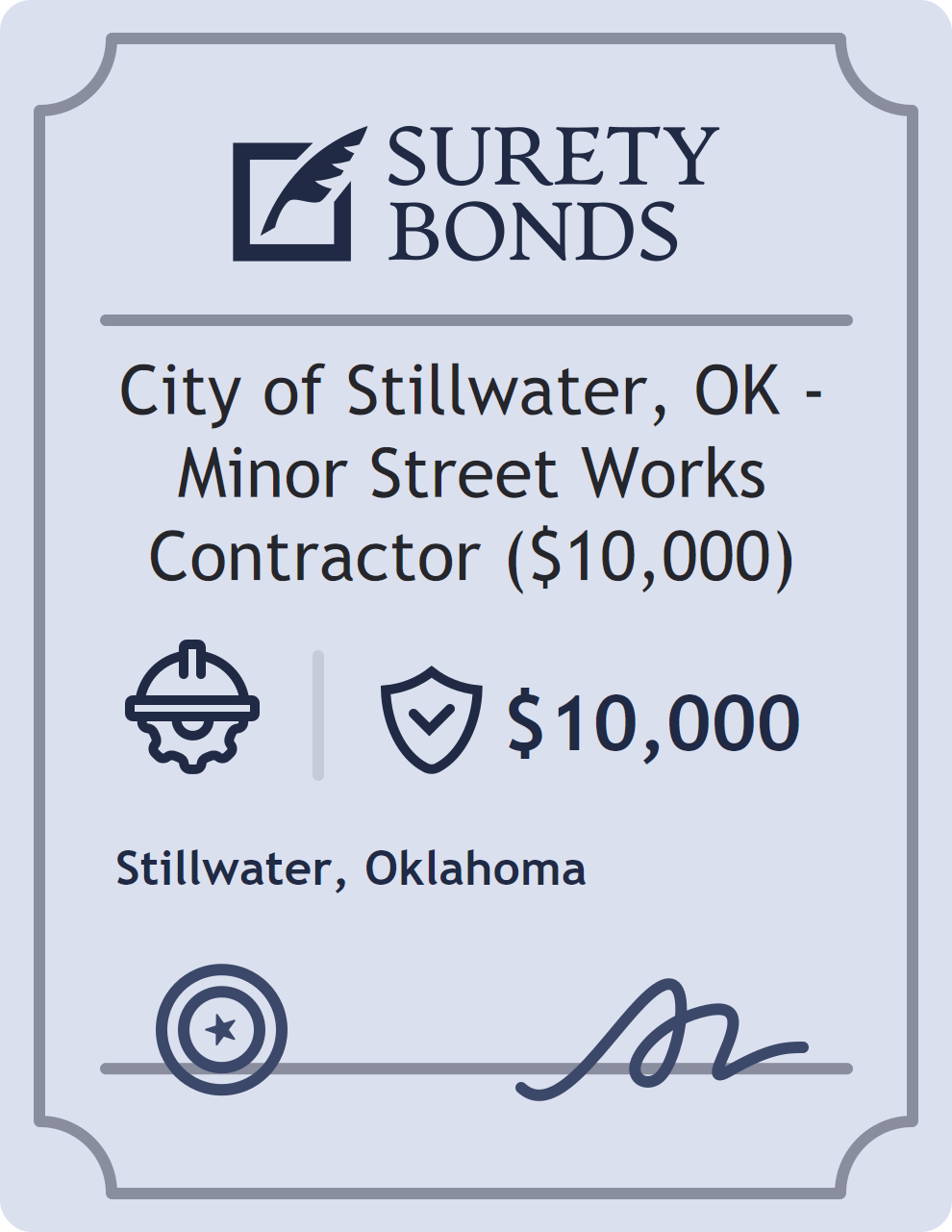 Surety bond badge for City of Stillwater, OK - Minor Street Works Contractor ($10,000)