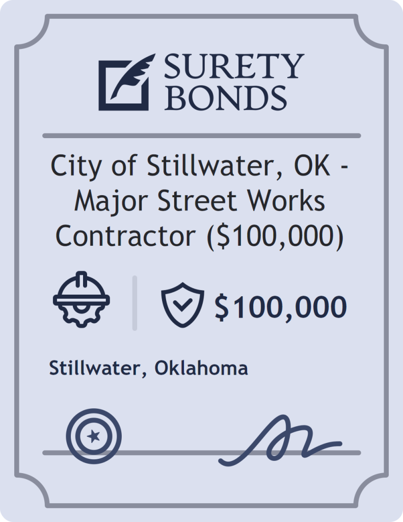 Surety bond badge for City of Stillwater, OK - Major Street Works Contractor ($100,000)