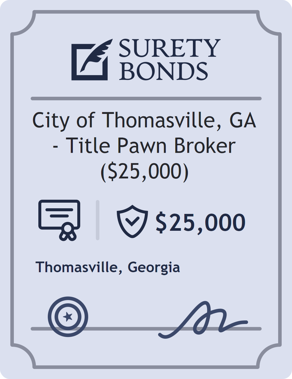 Surety bond badge for City of Thomasville, GA - Title Pawn Broker ($25,000)