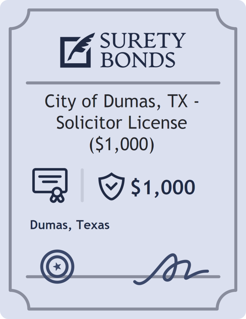 Surety bond badge for City of Dumas, TX - Solicitor License ($1,000)