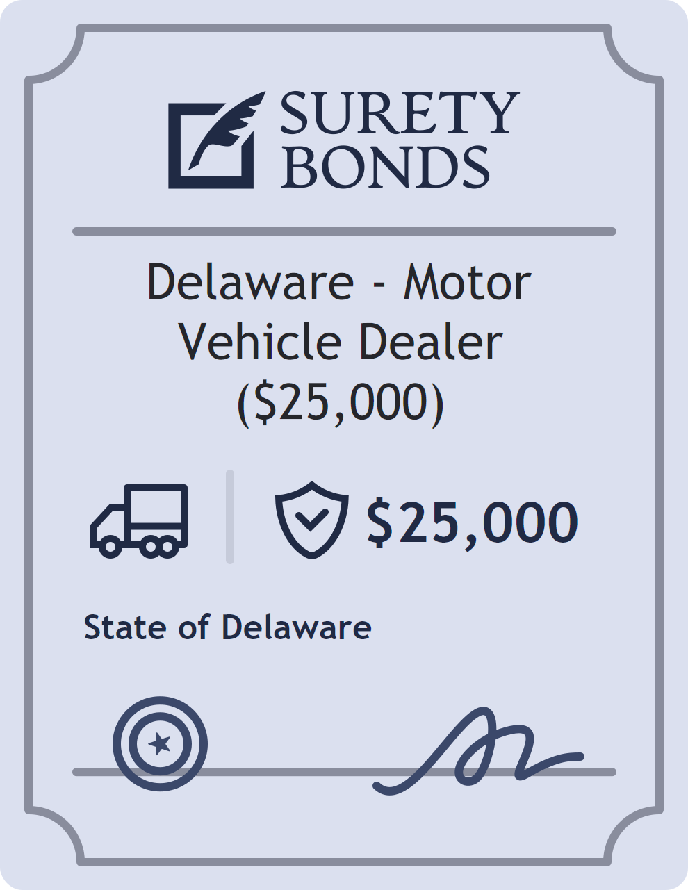 Surety bond badge for Delaware - Motor Vehicle Dealer ($25,000)