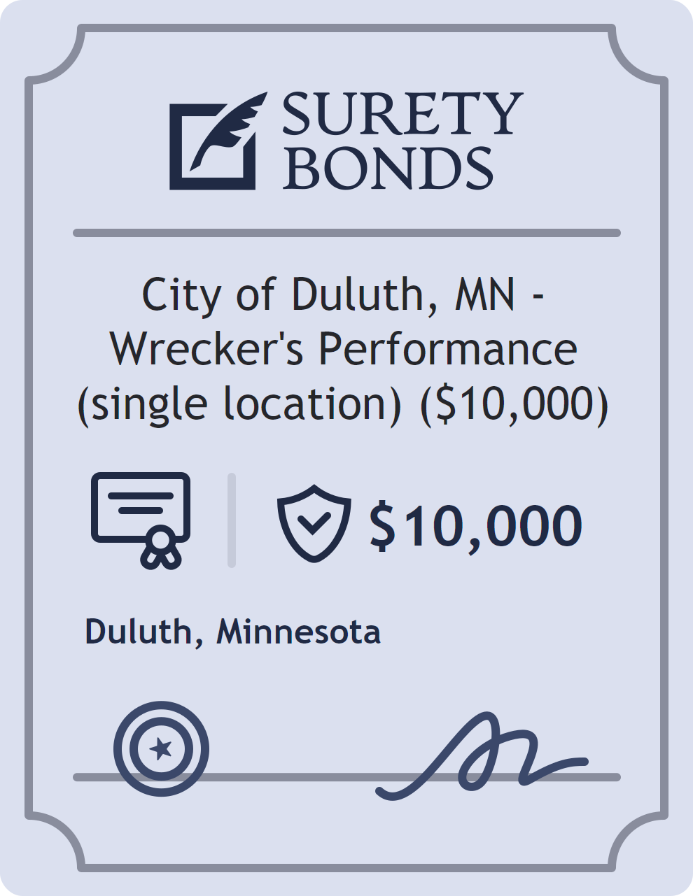 Surety bond badge for City of Duluth, MN - Wrecker's Performance (single location) ($10,000)