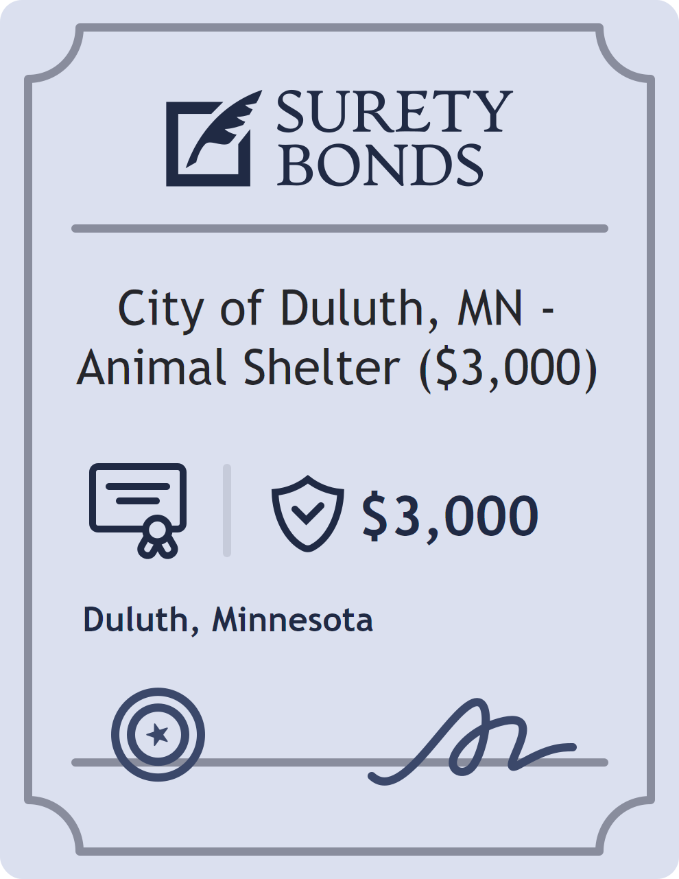 Surety bond badge for City of Duluth, MN - Animal Shelter ($3,000)