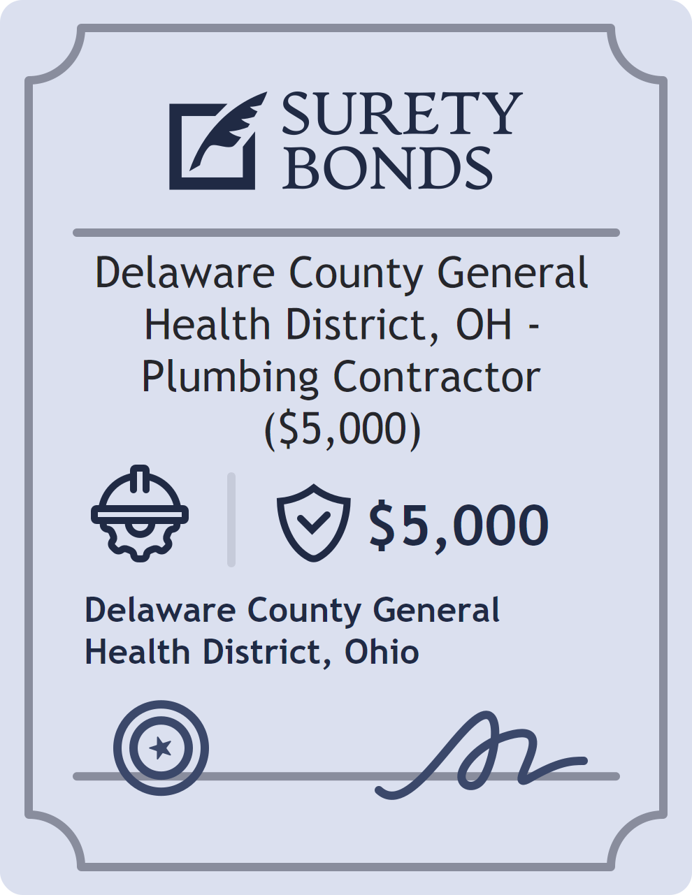 Surety bond badge for Delaware County General Health District, OH - Plumbing Contractor ($5,000)